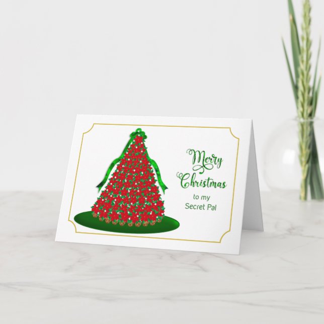 Christmas, Secret Pal,  Red Poinsettia Tree Holiday Card (Front)