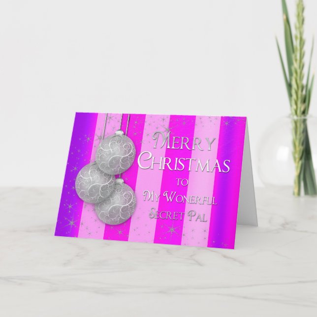 Christmas - Secret Pal -Silver Balls-Pink/Purple Holiday Card (Front)