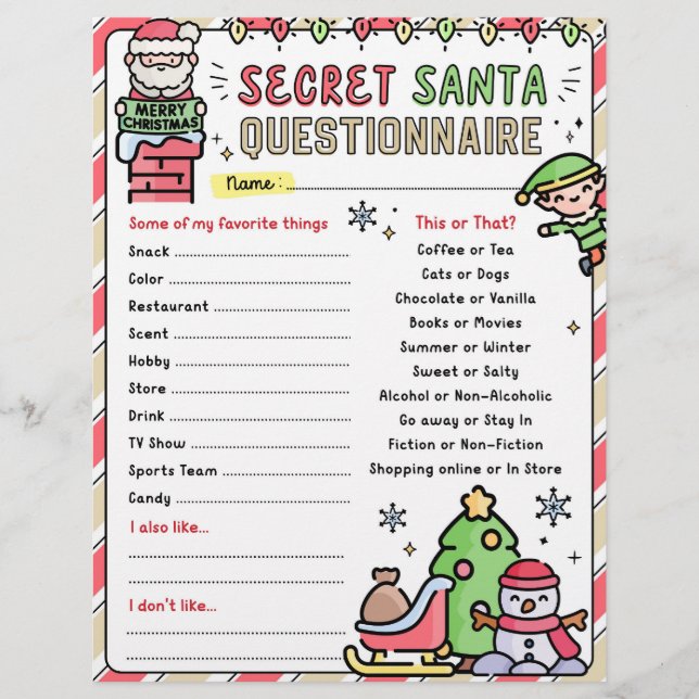 Christmas Secret Santa Questionnaire Form Template (Front)