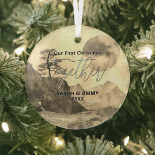 Christmas Sepia Mountain Adventure Outdoor Couple Glass Tree Decoration