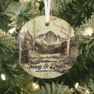Christmas Sepia Rocky Mountain Colorado Engaged Glass Tree Decoration