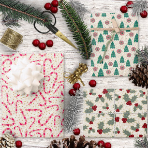 Christmas Set-Candy Canes-Trees-Poinsettias-Holly Wrapping Paper Sheet