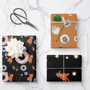 Christmas set - cats, doughnuts, raccoons, stars wrapping paper sheet