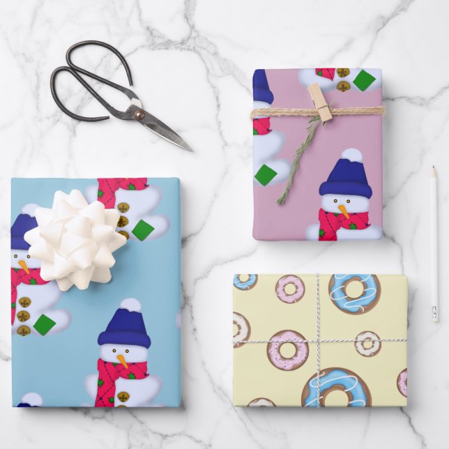 Christmas set of Snowmen Sweet Doughnuts  Wrapping Paper Sheet (Front)