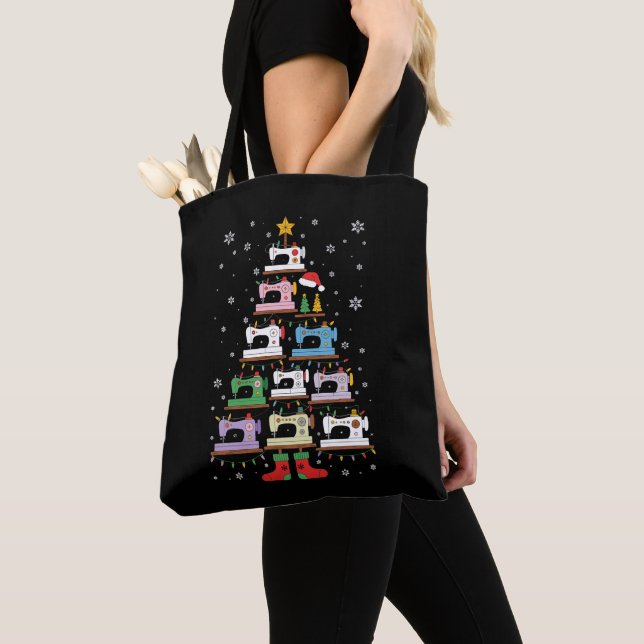 Christmas Sewing Machine Tree Lights Stockings Tote Bag (Close Up)