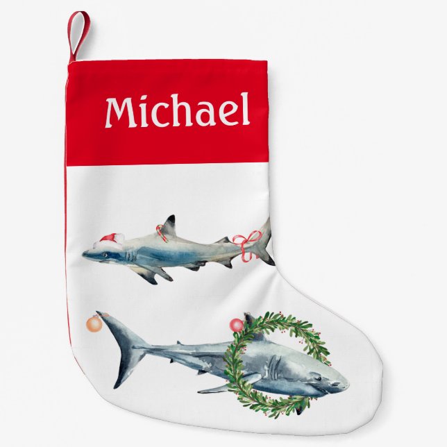 Christmas Shark Great White Reef Personalised Small Christmas Stocking (Front)