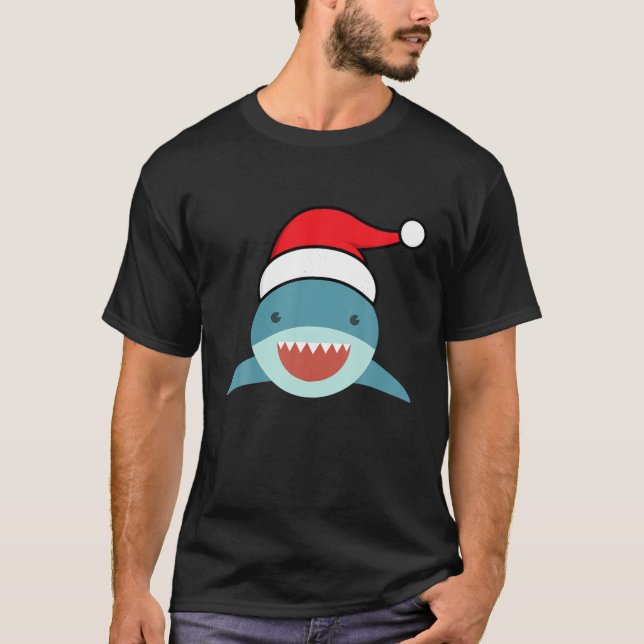 Christmas Shark Happy Smiling Santa Hat Great Whit T-Shirt (Front)