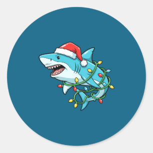 Christmas Shark Santa Hat Wrapped In Lights Funny Classic Round Sticker