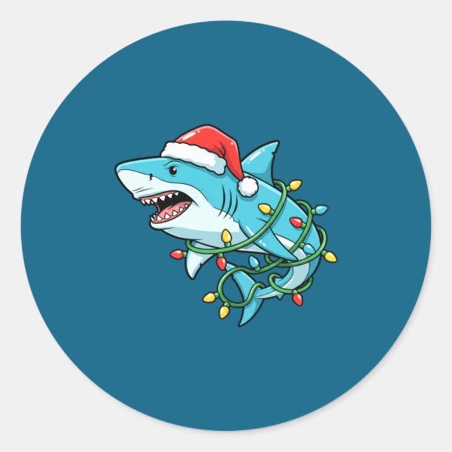 Christmas Shark Santa Hat Wrapped In Lights Funny  Classic Round Sticker (Front)