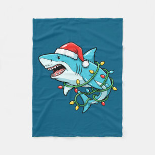 Christmas Shark Santa Hat Wrapped In Lights Funny Fleece Blanket