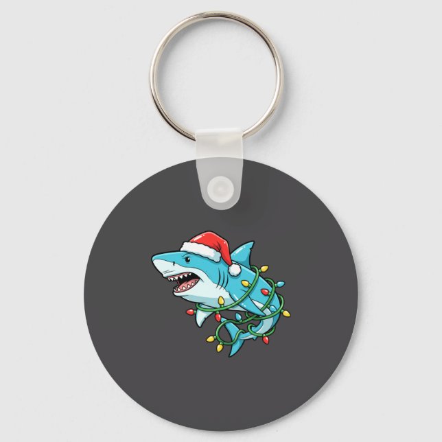 Christmas Shark Santa Hat Wrapped In Lights Funny  Key Ring (Front)