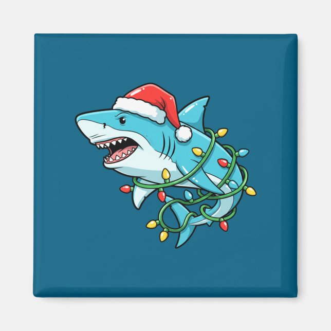 Christmas Shark Santa Hat Wrapped In Lights Funny  Magnet (Front)