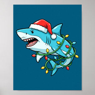 Christmas Shark Santa Hat Wrapped In Lights Funny  Poster
