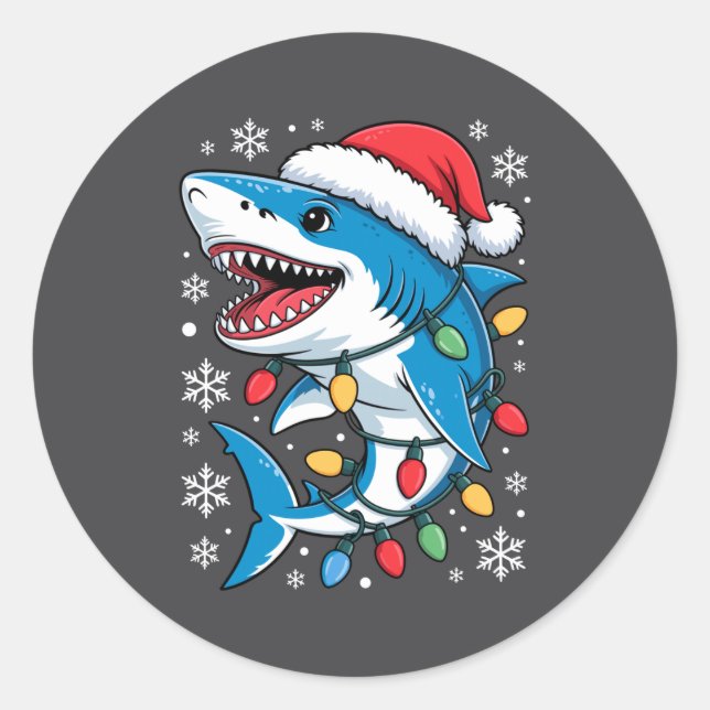 Christmas Shark Santa Hat Wrapped Lights Holiday S Classic Round Sticker (Front)