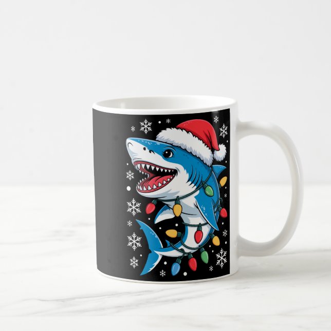 Christmas Shark Santa Hat Wrapped Lights Holiday S Coffee Mug (Right)