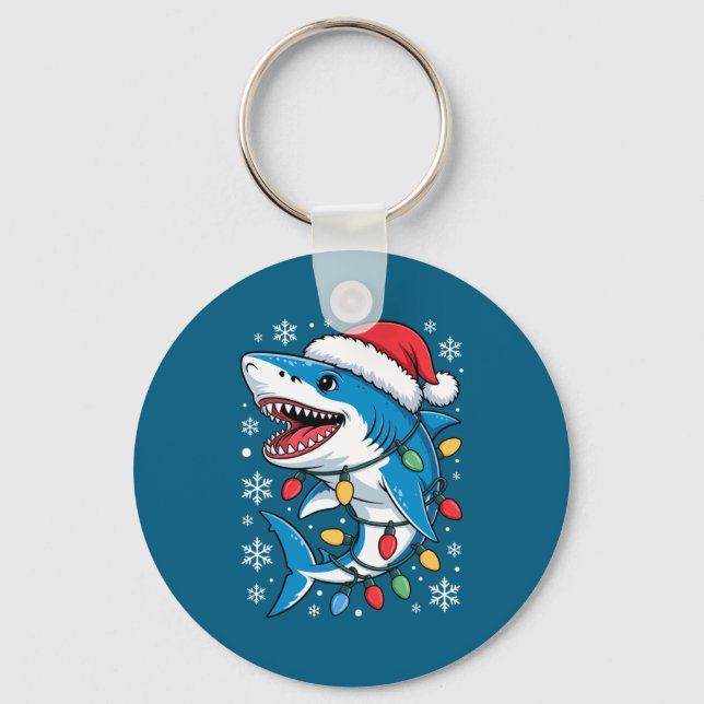 Christmas Shark Santa Hat Wrapped Lights Holiday S Key Ring (Front)