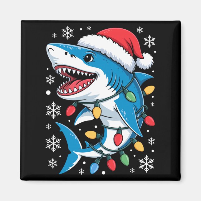 Christmas Shark Santa Hat Wrapped Lights Holiday S Magnet (Front)