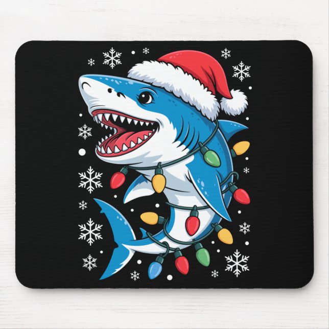 Christmas Shark Santa Hat Wrapped Lights Holiday S Mouse Mat (Front)