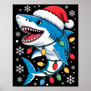 Christmas Shark Santa Hat Wrapped Lights Holiday S Poster