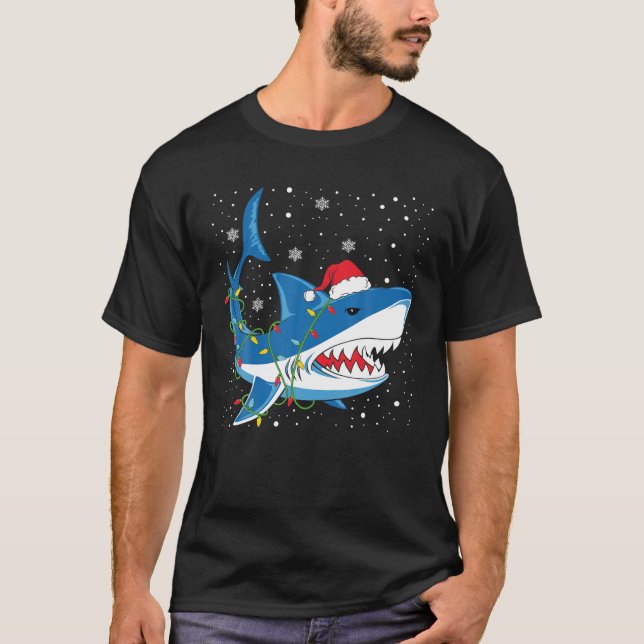 Christmas Shark Santa Hat Xmas Lights Sharks T-Shirt (Front)