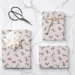 Christmas Sharks & Snowflakes on Beige Wrapping Paper Sheet