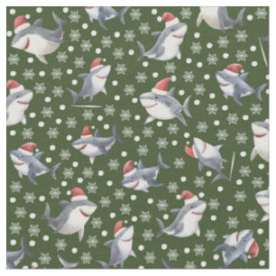 Christmas Sharks & Snowflakes on Dark Green Fabric