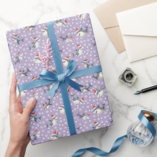 Christmas Sharks & Snowflakes on Light Purple Wrapping Paper