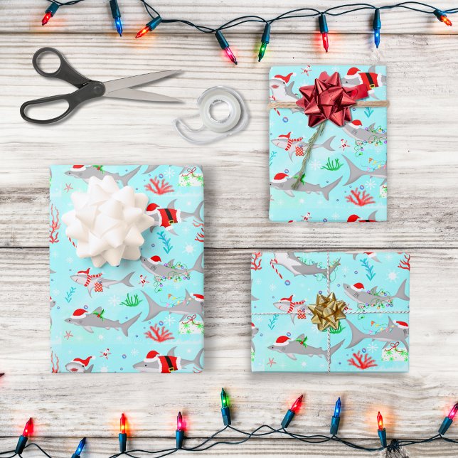 Christmas Sharks Wrapping Paper Sheet (Dive into joy with 'Jolly Sharkmas,' gifting smiles to little shark enthusiasts!)