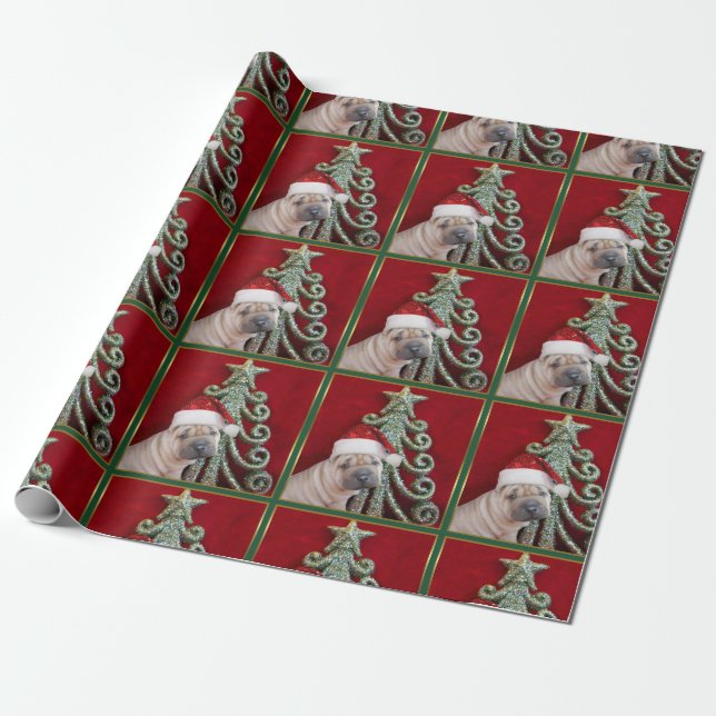 Christmas Sharpei dog Wrapping Paper (Unrolled)