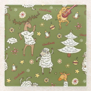 Christmas Sheep: Animal Vintage Illustration. Glass Coaster