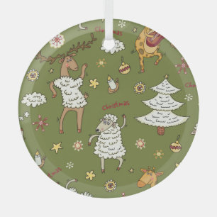 Christmas Sheep: Animal Vintage Illustration. Glass Tree Decoration