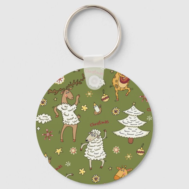 Christmas Sheep: Animal Vintage Illustration. Key Ring (Front)