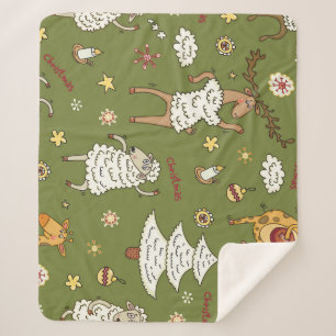 Christmas Sheep: Animal Vintage Illustration. Sherpa Blanket