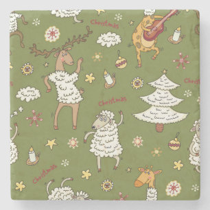 Christmas Sheep: Animal Vintage Illustration. Stone Coaster