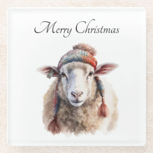 Christmas Sheep, customisable Glass Coaster