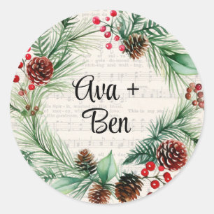 Christmas Sheet Music Red Berry Wreath Wedding  Classic Round Sticker