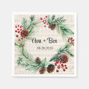 Christmas Sheet Music Red Berry Wreath Wedding  Napkin