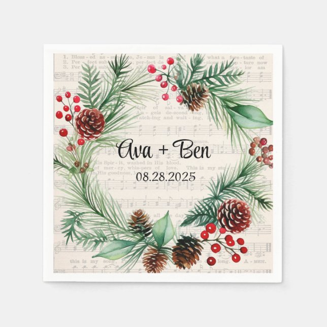 Christmas Sheet Music Red Berry Wreath Wedding  Napkin (Front)