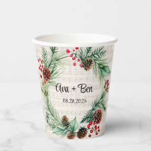 Christmas Sheet Music Red Berry Wreath Wedding Paper Cups