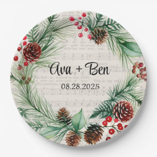 Christmas Sheet Music Red Berry Wreath Wedding Paper Plate