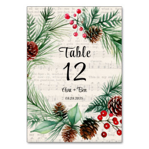 Christmas Sheet Music Red Berry Wreath Wedding  Table Number