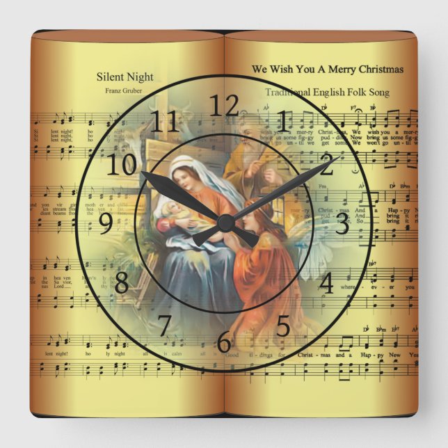 Christmas Sheet Music ~ The Holy Family ~ Angel ~  Square Wall Clock (Front)