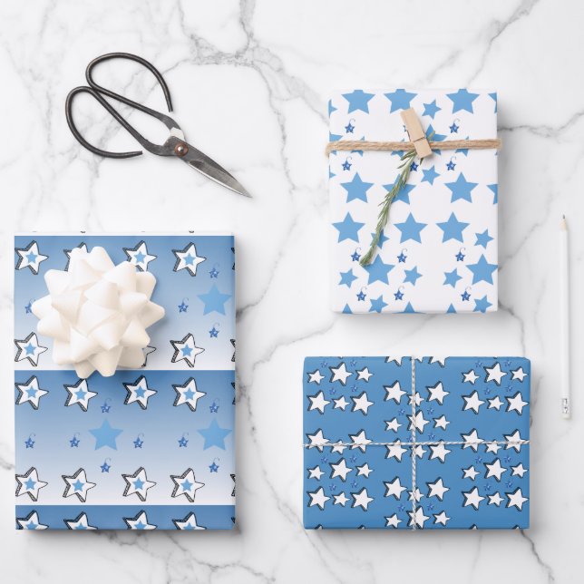 Christmas Sheets Wrapping Paper White Blue Stars  (Front)