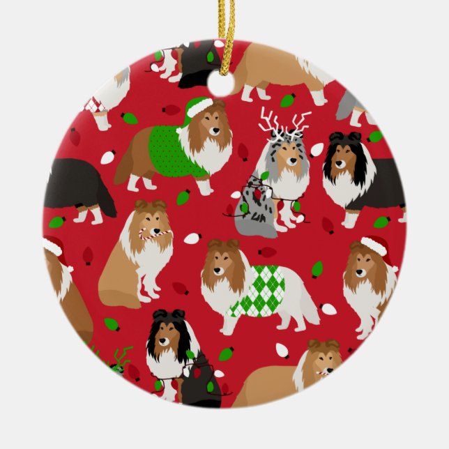 Christmas Sheltie Shetland Sheepdog Ceramic Tree Decoration (Front)