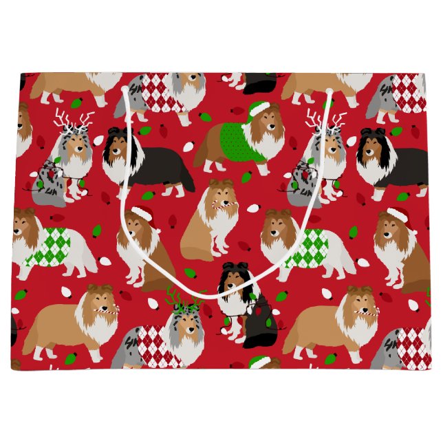 Christmas Sheltie Shetland Sheepdog Large Gift Bag (Front)