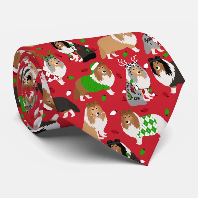 Christmas Sheltie Shetland Sheepdog Tie (Rolled)