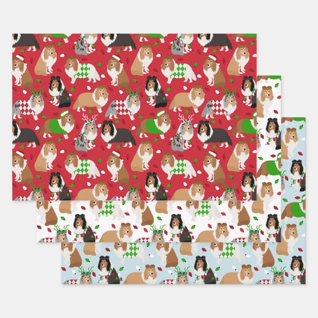 Christmas Sheltie Shetland Sheepdog Wrapping Paper Sheet (Set)