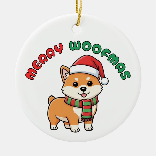 Christmas Shiba Inu Ornament: Merry Woofmas Ceramic Tree Decoration (Front)