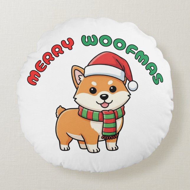 Christmas Shiba Inu Round Pillow: Merry Woofmas Round Cushion (Front)