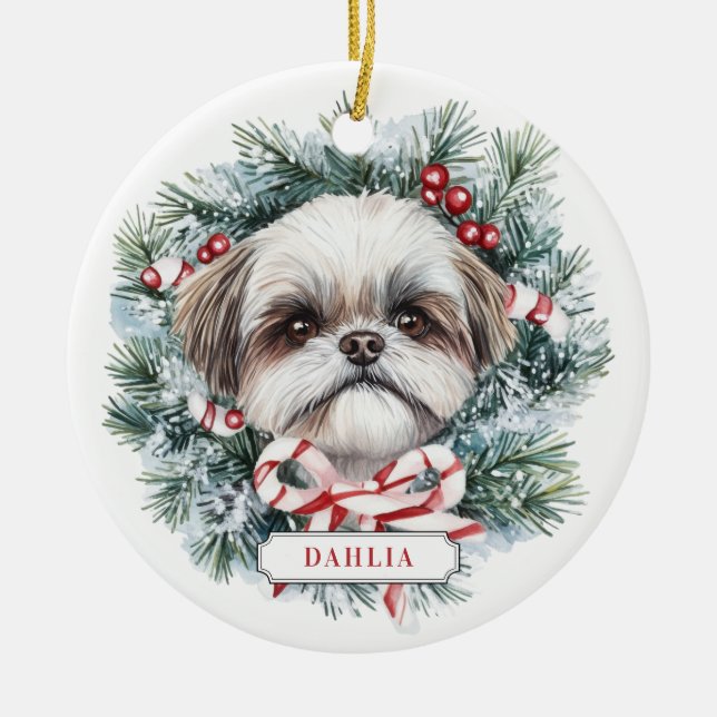 Christmas Shih Tzu Dog Ceramic Circle Ornament (Front)